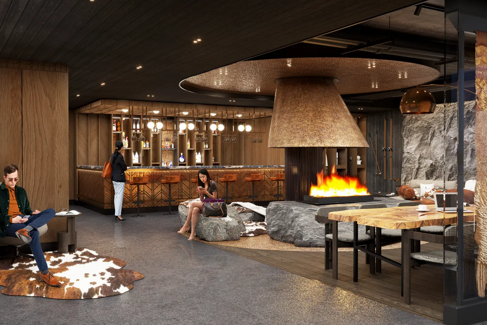 Wizualizacja lobby z kominkiem w condohotelu Hermitage w Zakopanem
