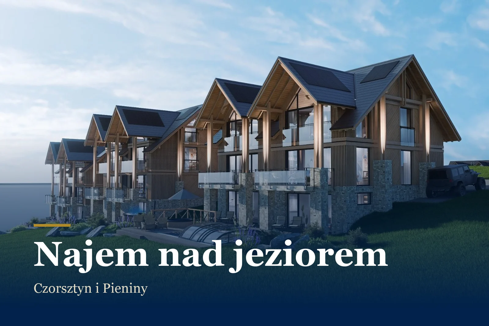 Wizualizacja domów Oaza Szlembark z tarasami i ogrodem na zboczu nad Jeziorem Czorsztyńskim